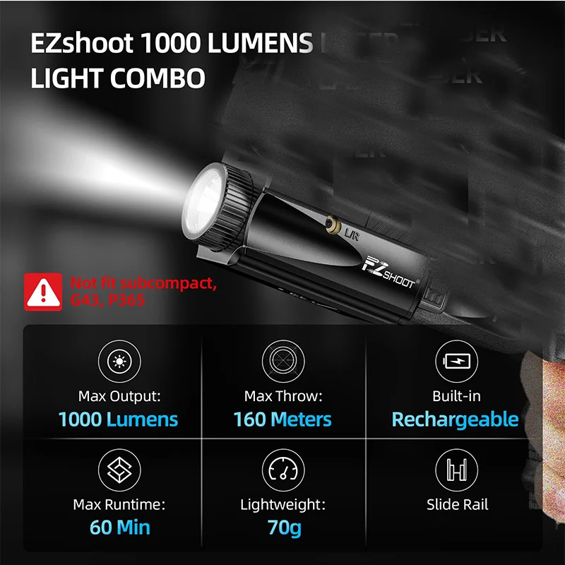 

EZshoot 1000 Lumens Light Combo Rechargeable Flashlight with Slid Rail Compatible with G-lock and Picatinny Rai for Home Outdoor