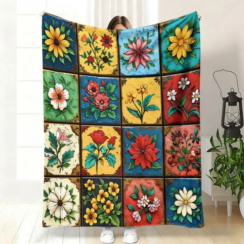 VIKAMA Floral Patchwork Flannel Blanket for Bedroom Dormitory Nap Blanket Sofa Throw Blanket Air Conditioner Blanket Home Decor