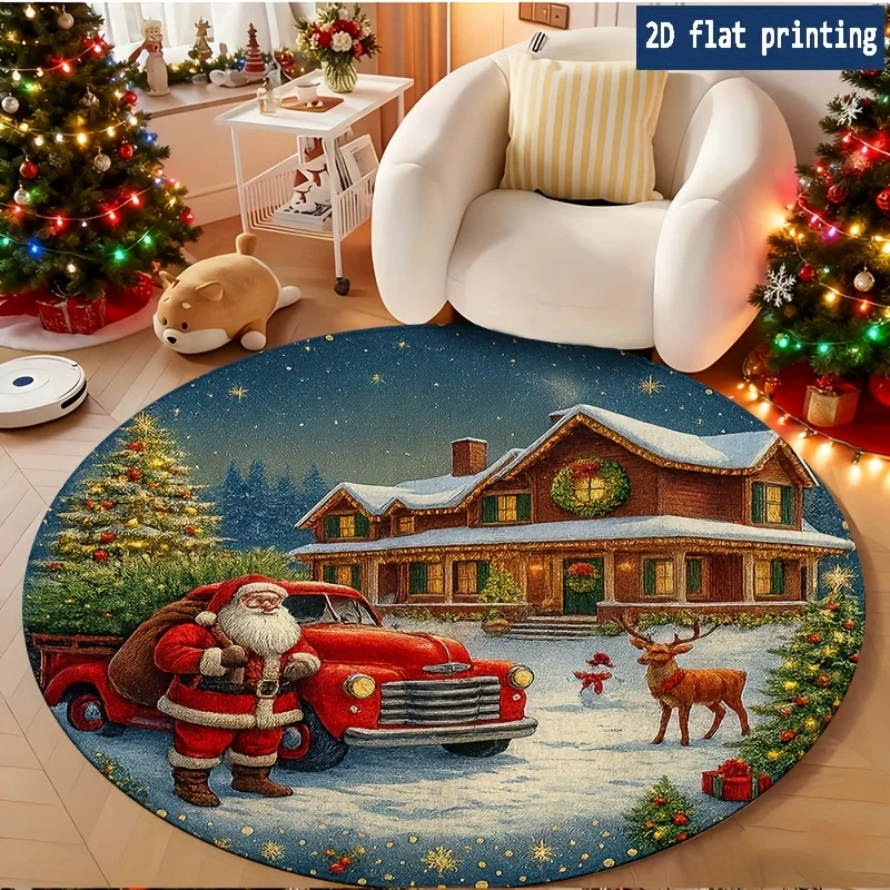 Vintage Red Truck Santa Wreath Snow House Round Floor Mat for Bedroom Living Room Chair Entry Decor Rug Keepsake Non Slip rug