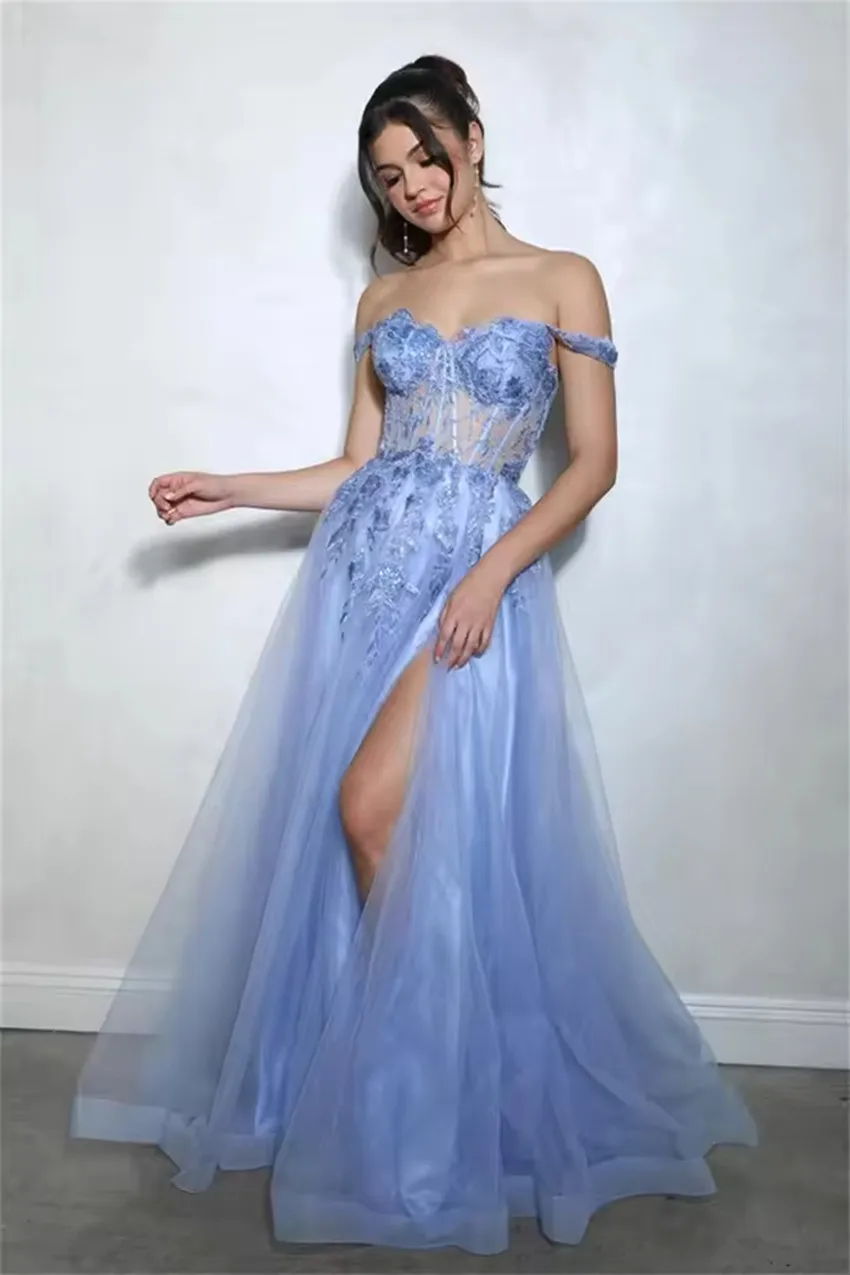 

Customized Elegant Off The Shoulder Tulle Long Prom Dresses With Slit Lace Applique Sweetheart Long Formal Evening Party Gowns