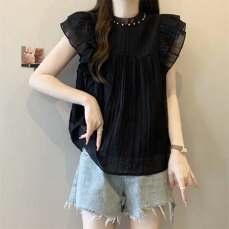 الوردي رفرفة كم بلوزة شيفون المرأة الصيف جديد كبير الحجم التخسيس قصيرة الأكمام تي شيرت أنيق #3