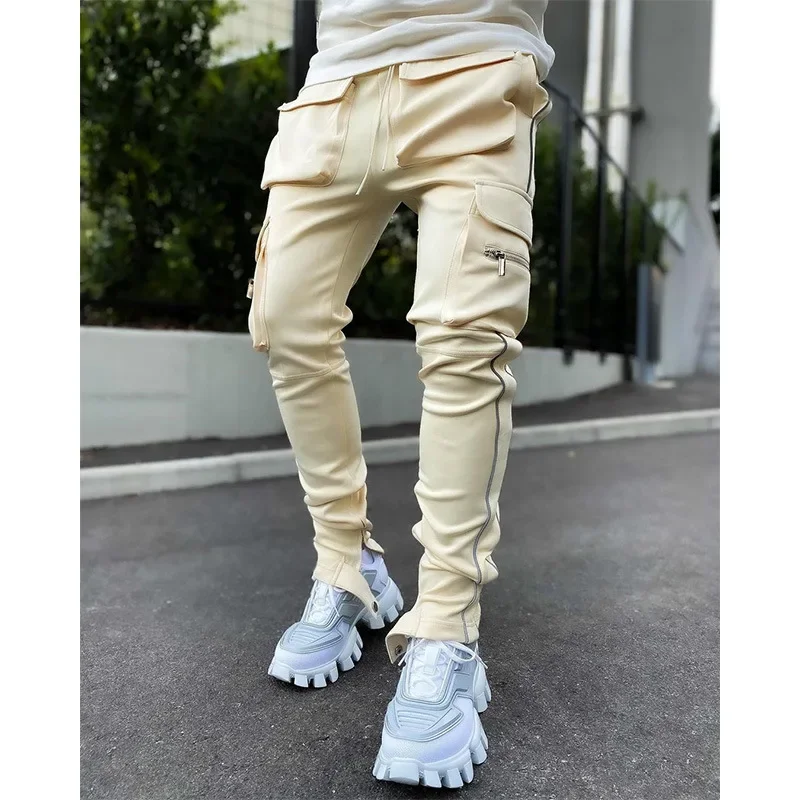 Spring And Autumn Cargo Pants Men\'s Fashion Brand Elastic Multi-bag Reflective Straight Leg Sports Fitness Casual Pants