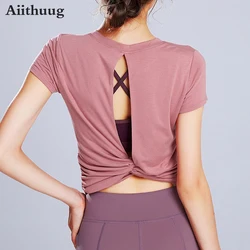 Aiithuug girocollo Twisted Yoga top da donna Hollow Back Side increspato Crop top a maniche corte Fitness Gym Pilates Training Suits