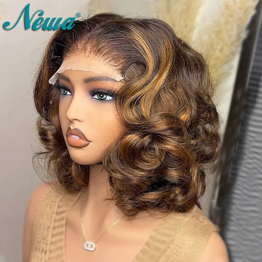 

Newa Ombre Blonde Short Bob WigGlueless Human Hair Wigs 13x6 Transparent Lace Frontal Wigs Brown Loose Deep Wave Bob For Women