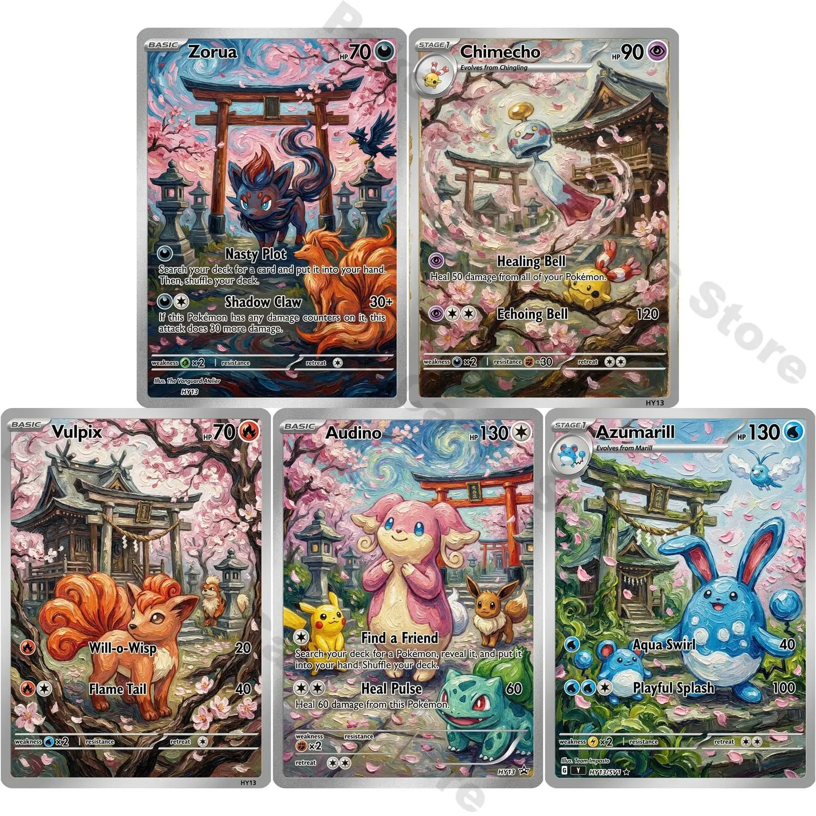 5Pcs PTCG Cards PTCG Oil Painting Style Zorua Chimecho Vulpix Audino Azumarill Collection Cards Rare Cards Set PTCG Gift