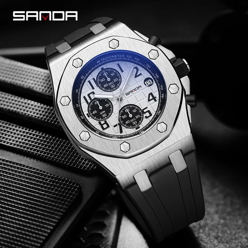 SANDA Sports Watches for Men Chronograph Waterproof Quartz Watch Top Brand Luxury Luminous Hands Silicone Strap Men Wristwatches