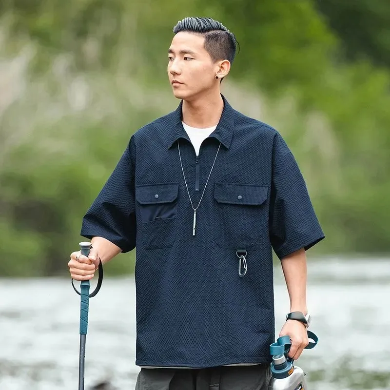 Men's Outdoor Functional Shirt Oversized Half Zip Short Sleeve Shirt With Pockets
