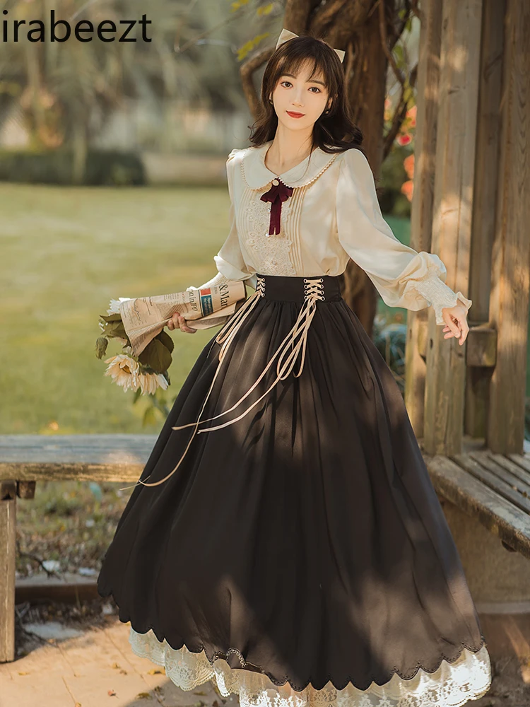 

Vintage French Preppy Suit Long Dress Daily Lolita Court Princess on The Run Women Clothing Regulai Fit Robe Femme Été