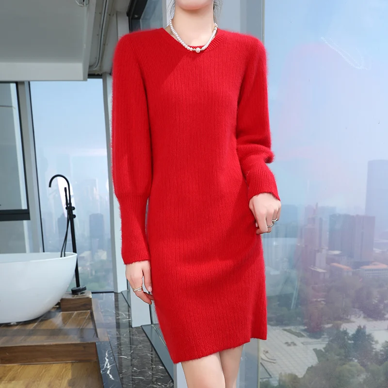 46 Autumn/Winter Mid-Length Knitted Mink Cashmere Sweater Women's Pullover Skirt Simple Thermal Skirt Fashion Bag Hip Skirt Slim