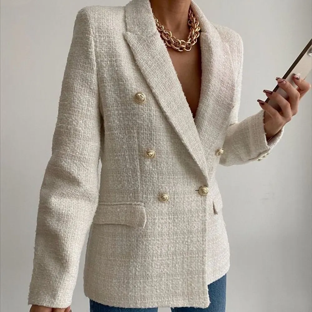 2023 Women Fashion Double Breasted Houndstooth Blazer Coat Vintage Long Sleeve Flap Pockets Female Outerwear Chic Vestes