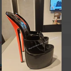 Black Slip On Leather Platform Sandals Thin High Heel Peep Toe Fashion Sexy 2024 Summer Big Size Woman Shoes Zapatillas Mujer