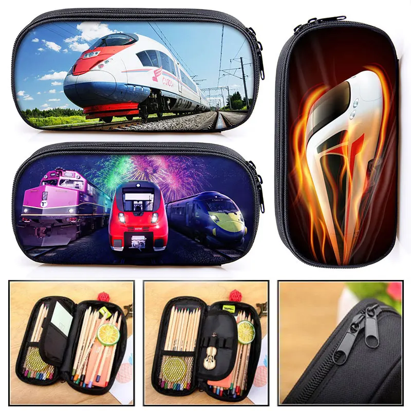 3D Train High Speed Rail Print Cosmetic Case Women Pencil Bags Kids Stationary Bags Teenager Pencil Box School Supplies Gift