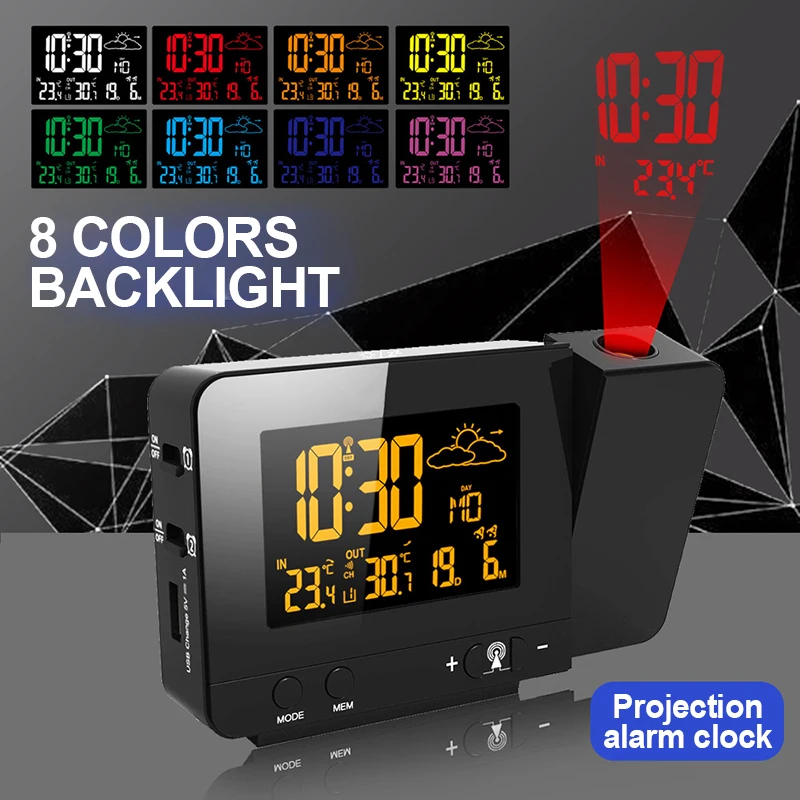 Weather Station Projection Clock 8 Color Cycling Backlights With Wireless Sensor Calendar Temperature Time Display Charging