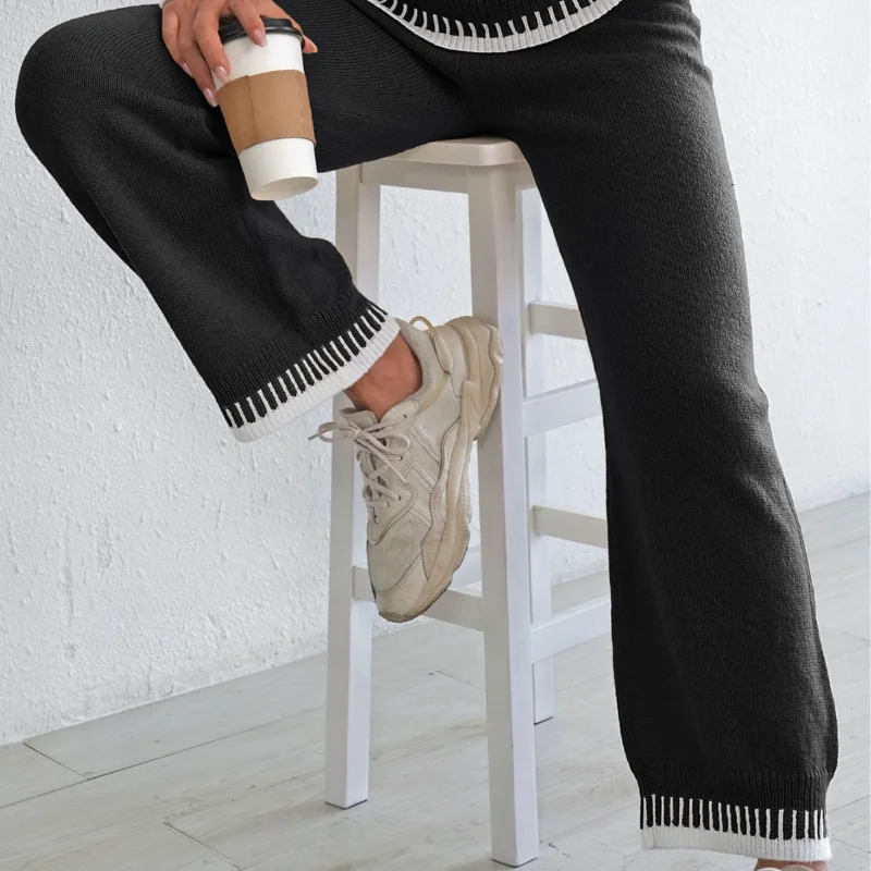 سراويل نسائية سميكة للخريف والشتاء بألوان متباينة، سراويل صوفية منسوجة واسعة الساق غير رسمية #2
