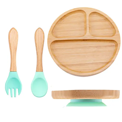 Bopoobo 3Pcs/Set Baby Bamboo Sucker Plates Fork Spoon Sets Non-slip Tableware Children's Feeding Dishes BPA Free Dropshipping