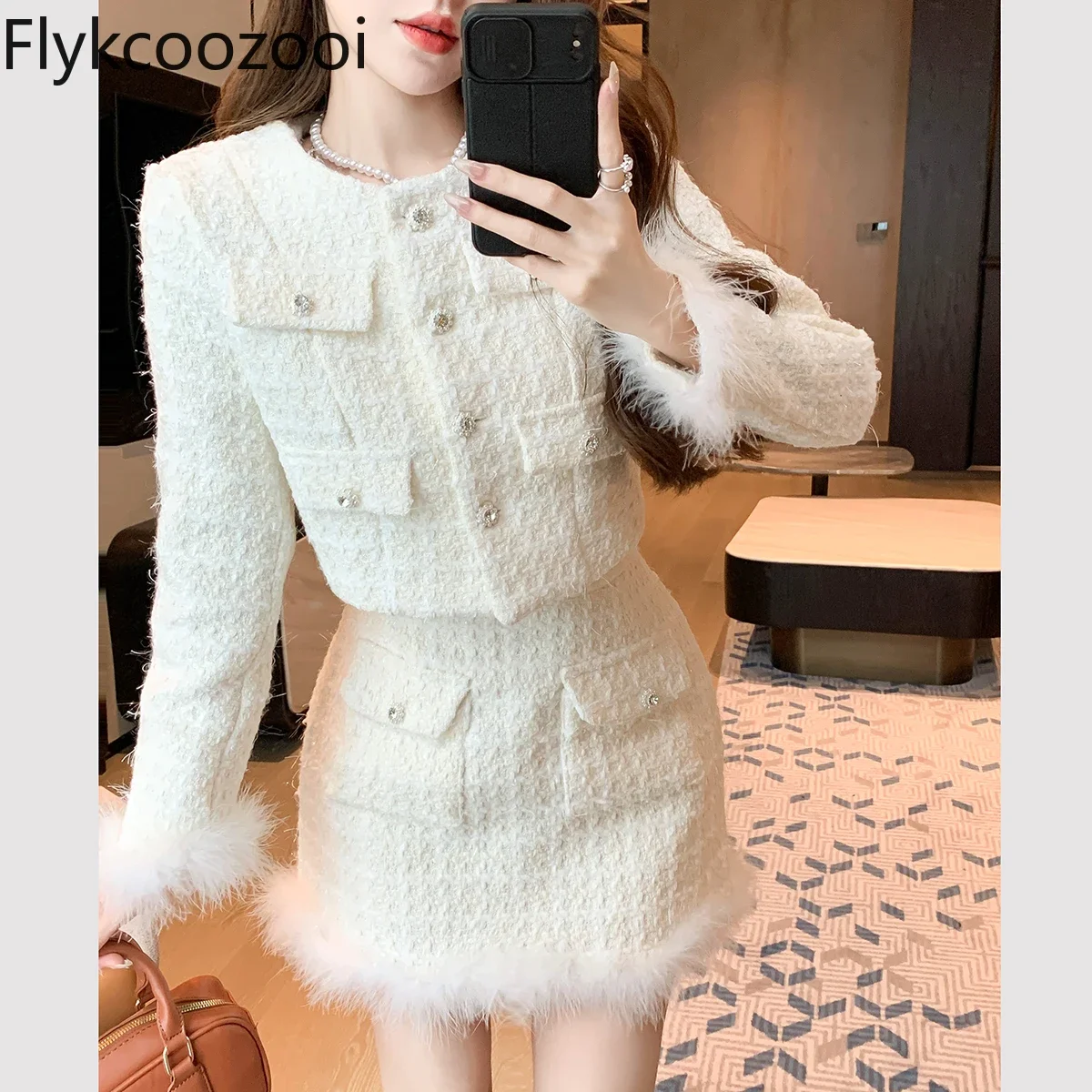 Fashion Roupas Femininas Conjuntos Stocked Available Premium Elegant Flash Tweed Suit for Women Female Blazer Sets with Skirt