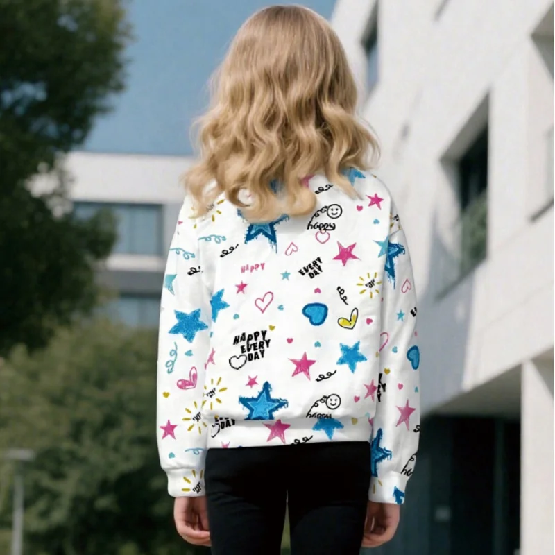 Moletom infantil casual com gola redonda – blusa branca de manga comprida com estrela azul, coração e estampa gráfica "feliz todos os dias"