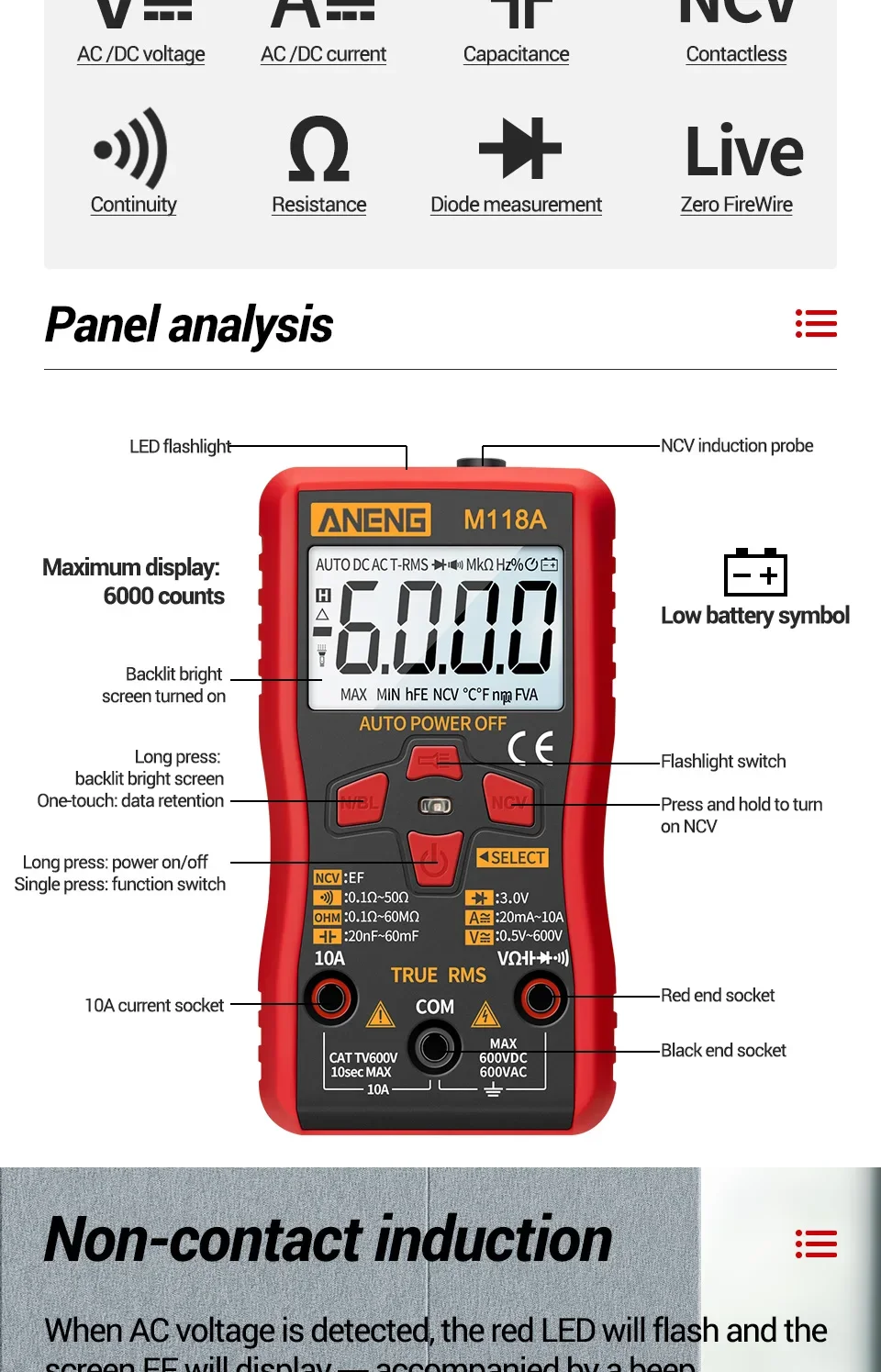 Digitales Multimeter, Spannungsprüfer, Voltmeter, SZ06, SZ308, TRMS, 2000, Zählungen, automatische Bereichswahl, Ohm, Volt, Amperemeter, Messung von AC/DC-Spannung – Detail 26