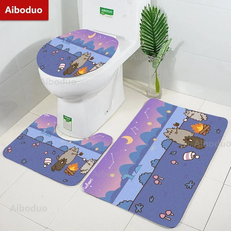 Cute Cartoon Cats Design Bathroom 3 Pcs/set Mats Home Flannel Decorations and Accessories Floor Rugs Toilet Cover 40*60/50*80 CM