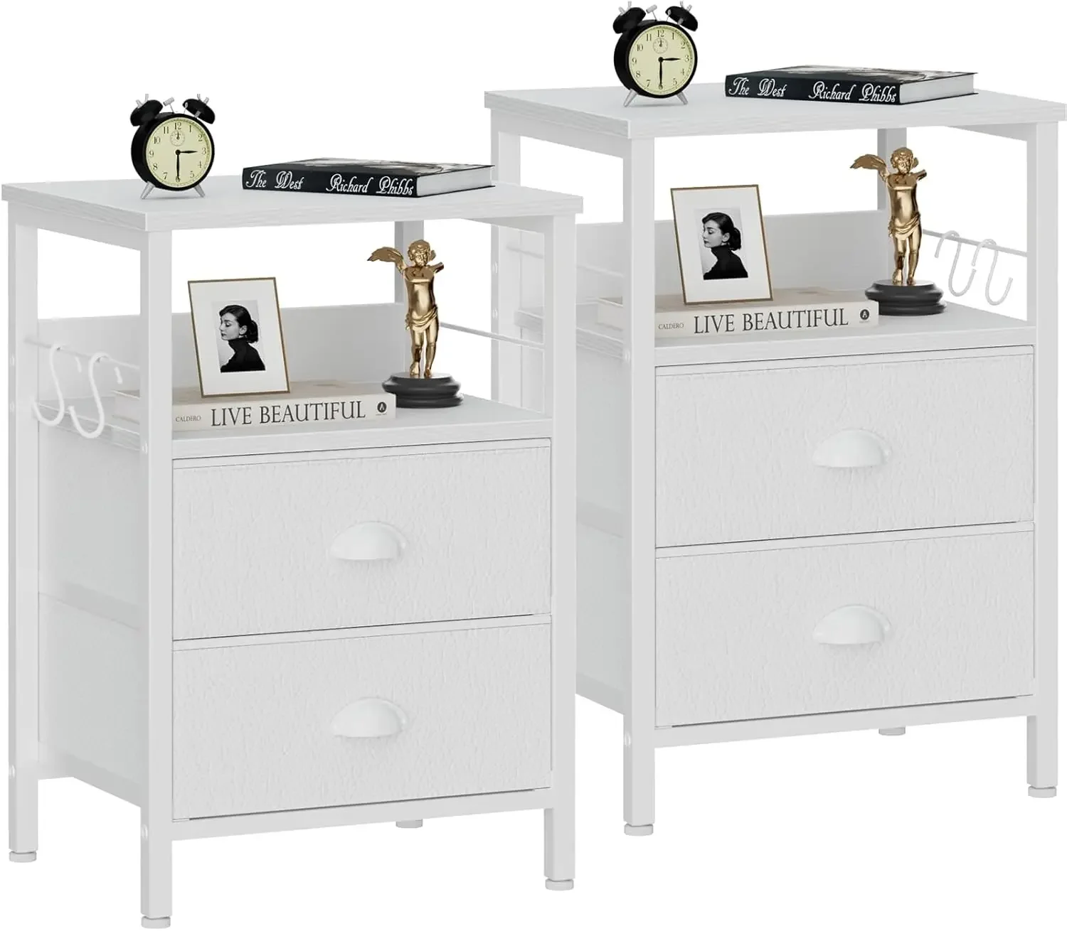 

Nightstands Set 2, End Table with 2 Fabric Drawers, Bedside Table with 2 Hooks, Open Wood Shelf Side Sofa Table for Bedroom