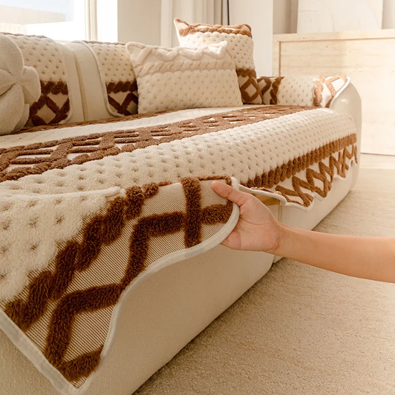 Geometric Jacquard Plush Sofa Cushion High-End Anti Slip Furniture Protector for Living Room Autumn and Winter Warm Sofa Cover
