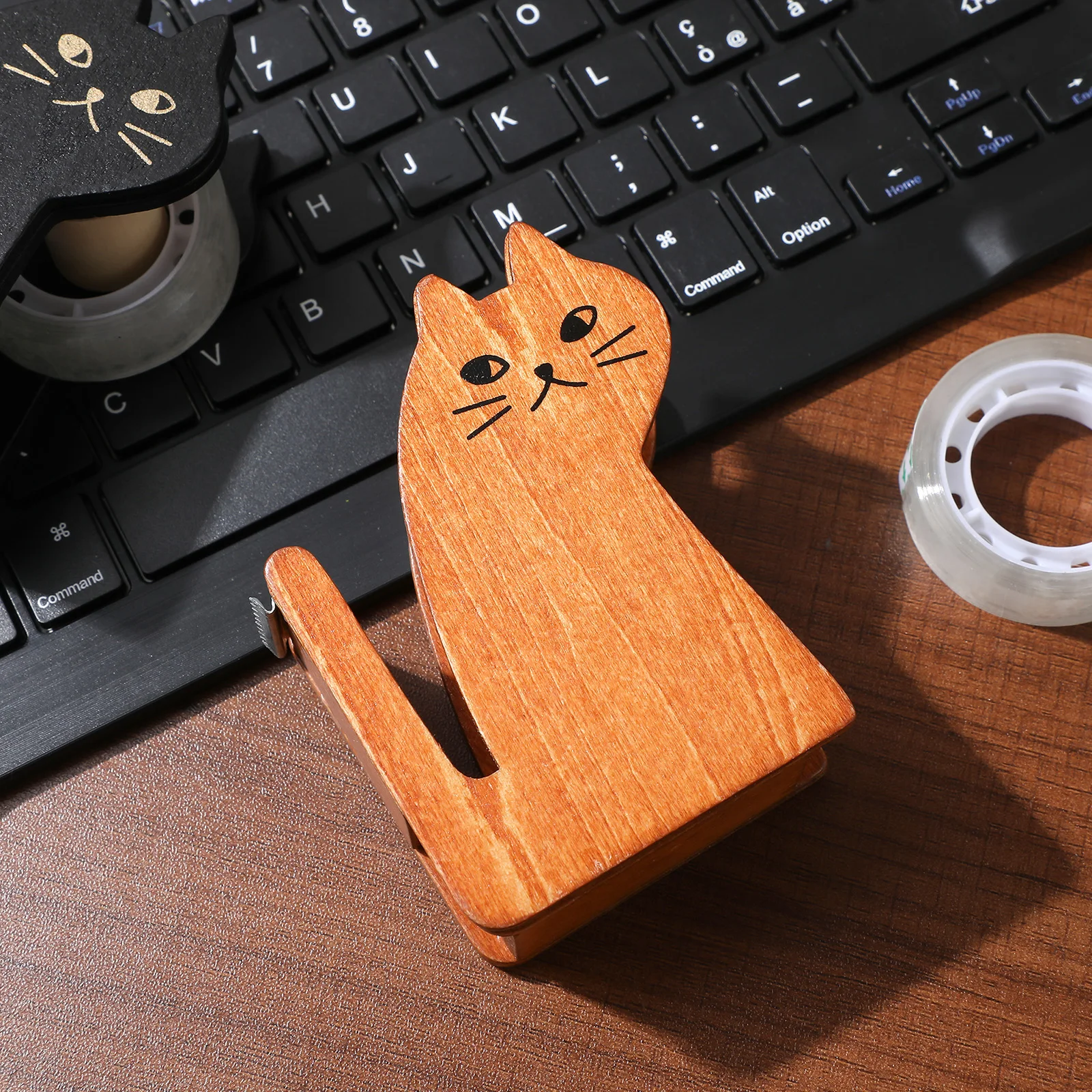 

2 Pcs Retro Wooden Tape Dispenser Cute Cat Shape Adorable Desktop Holder Smooth Edges Office Home Use Black for Desk