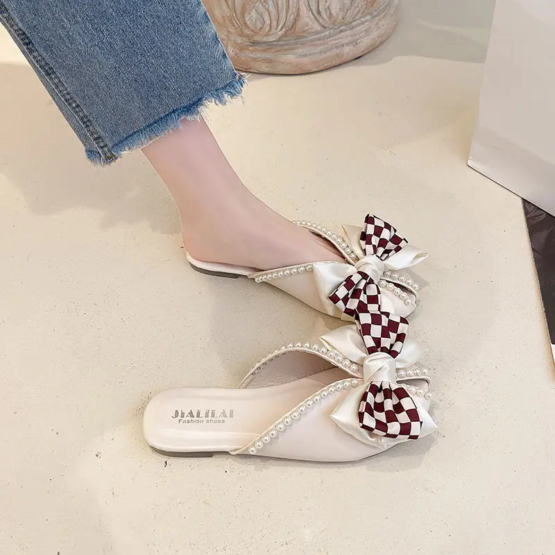 Closed Toe Half Slippers for Women Summer Wear 2022 New Bow Pearl Flat Soft Bottom Peep-Toe Slippers Women