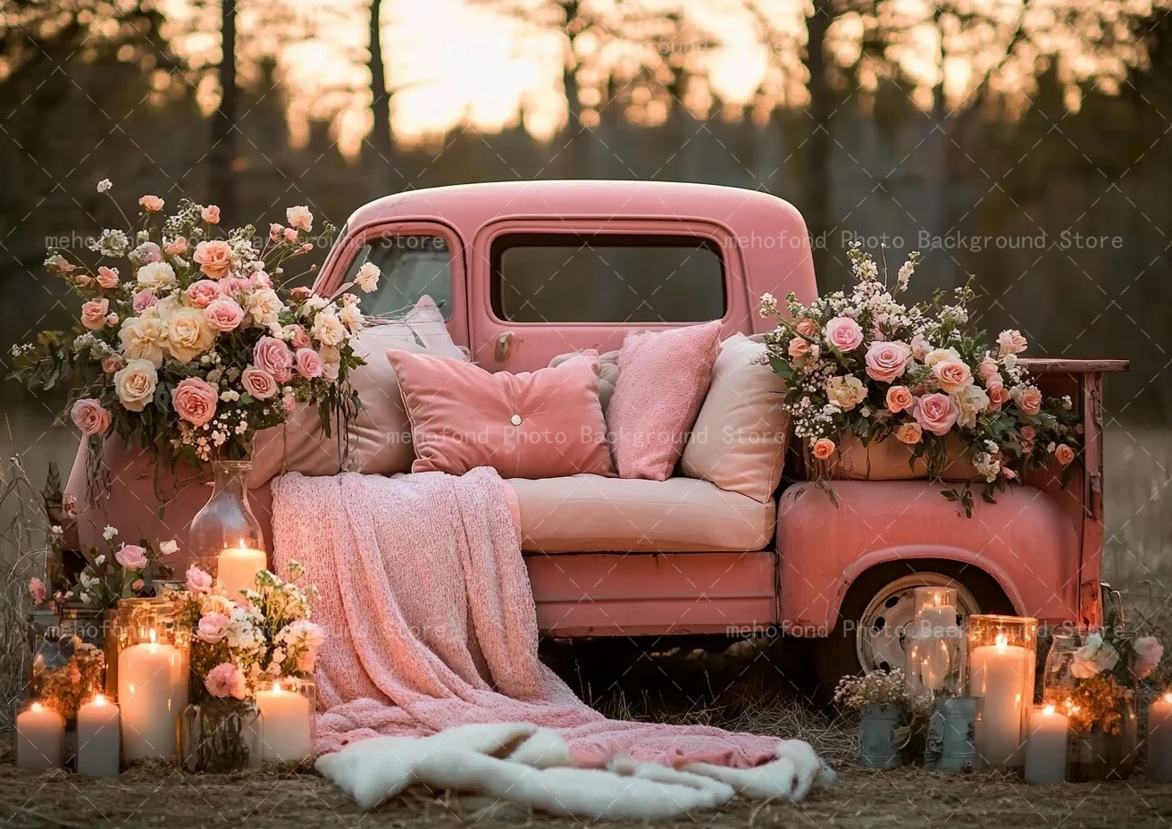 Mehofond Photography Background Romantic Valentine's Day Rose Pink Car Sunset Candlelight Kids Family Portrait Backdrop Decor