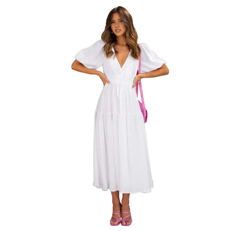 Robe mi-longue à plusieurs niveaux pour femmes, col en V profond, manches courtes bouffantes, taille haute élastique, fluide, ligne A