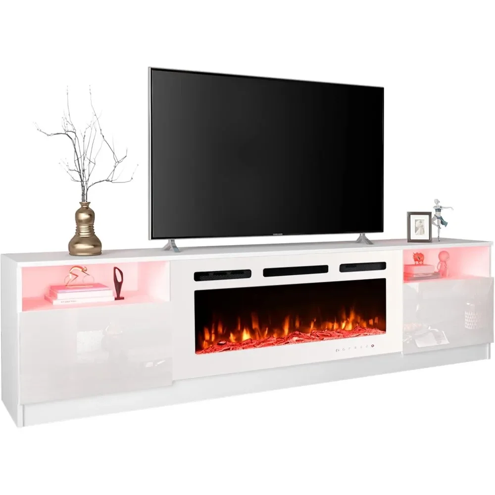 TV Stand with 40'' Electric Fireplace & 16 Color Led Lights and 12 Flame Fireplace Insert Heater, TVs Up To 90'', TV Console