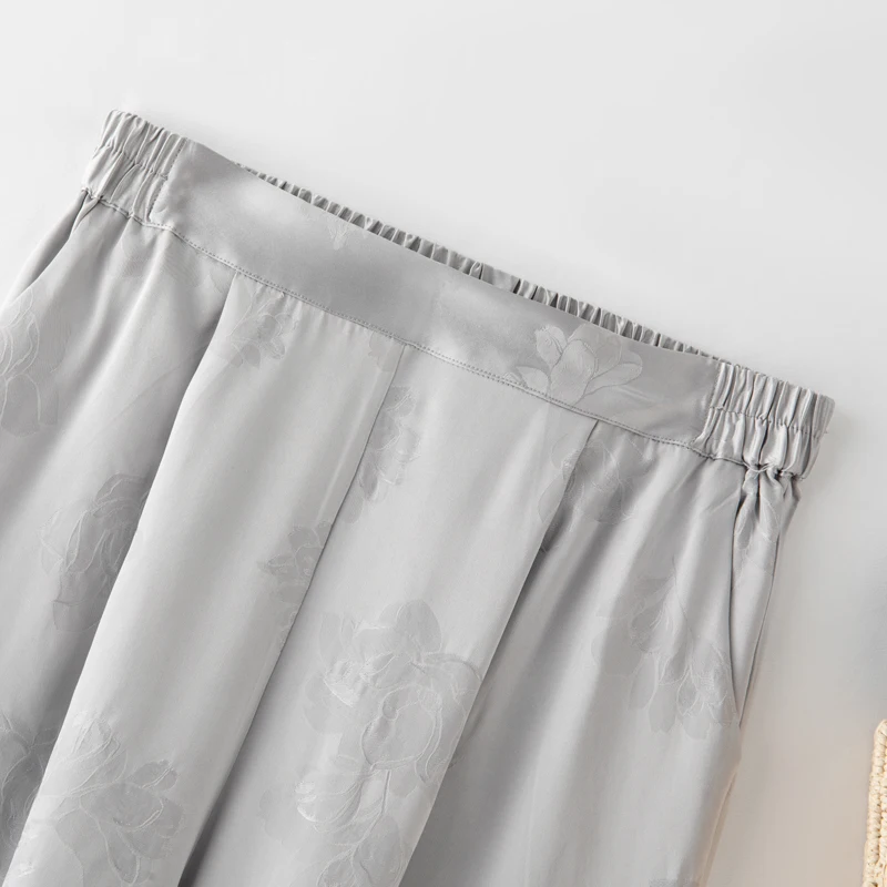 30MM Heavy Weight 100% Natural Mulberry Silk Jacquard HuaLuo Women's Elastic Waist Loose Silver Gray Straight Tube Drop Pants