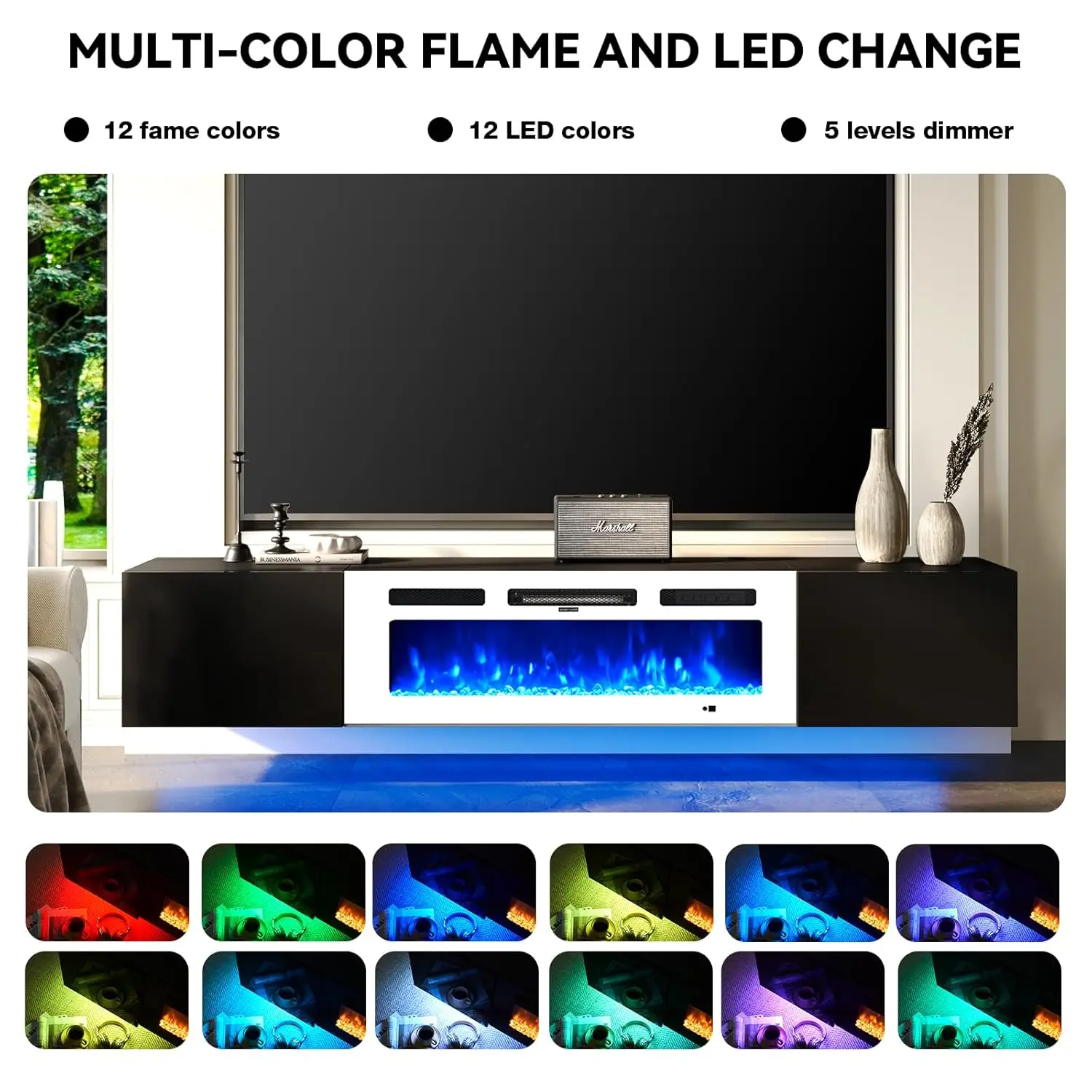 80'' Floating TV Stand 40'' Electric Fireplace Wall Mounted Storage 90'' TV 12-Color LED Media Console Living Room, Customized 4