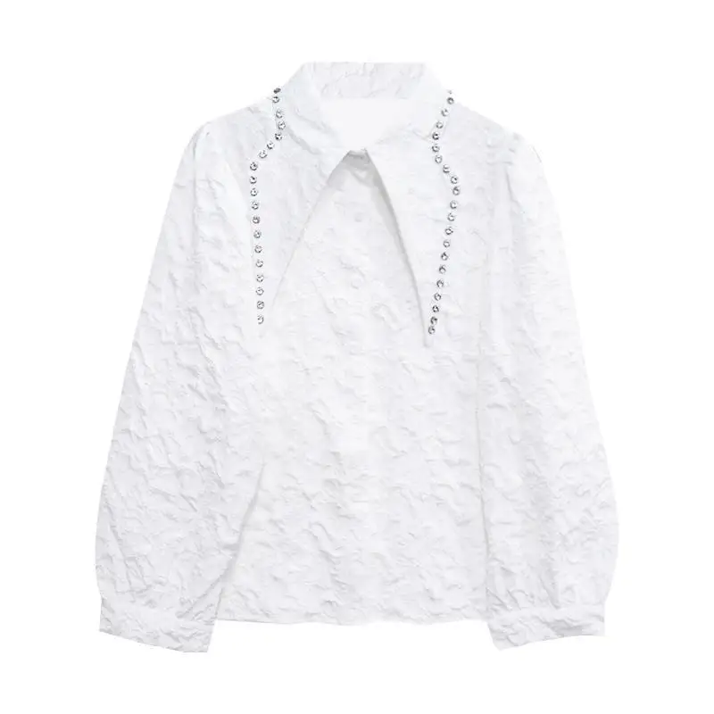 Women Vintage Beaded Chic Pointed Collar Design Button Up Shirt Autumn Fashion Office Lady White Blouse Elegant Long Sleeve Tops