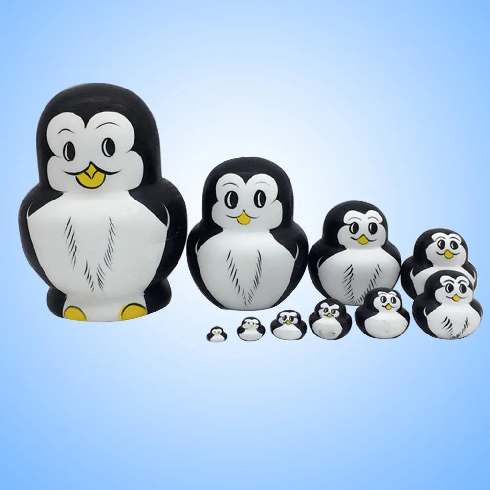 10 Pcs Penguin Dolls Russian Nesting Matryoshka to Stack Practical Stacking Toys Bamboo Wooden Premium Material