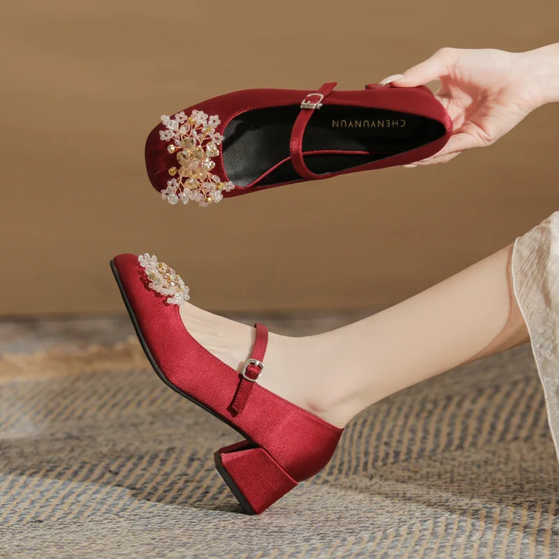 

2026 New Spring Autumn Mid-heel Shallow Mouth Single Shoes Female Bride Wedding Shoes Heel Mary Jane Shoes