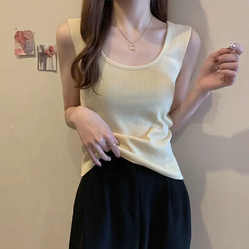Knitted Bottom Vest Women's Summer 2023 New Korean Version Slim Anti-fade Solid Color with Sleeveless Top
