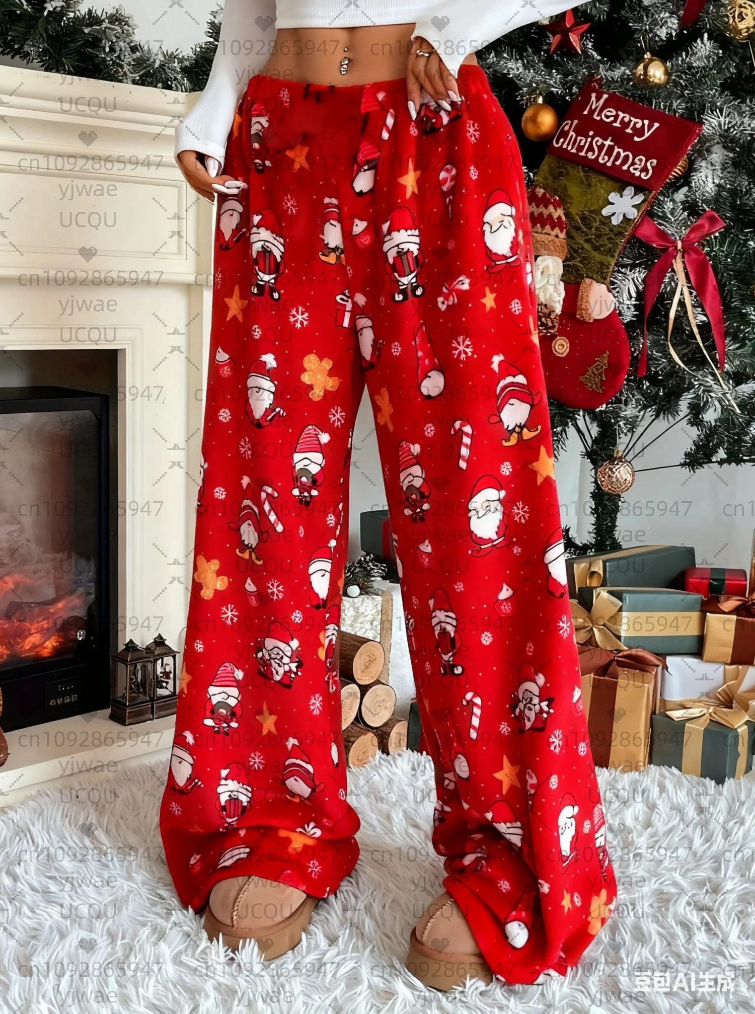 2025, Damen-Pyjamahose mit Weihnachts- und Weihnachtsmann-Aufdruck, lockere Plüschhose – lockere Pyjama-Hose mit Farbblockierung, Damenbekleidung