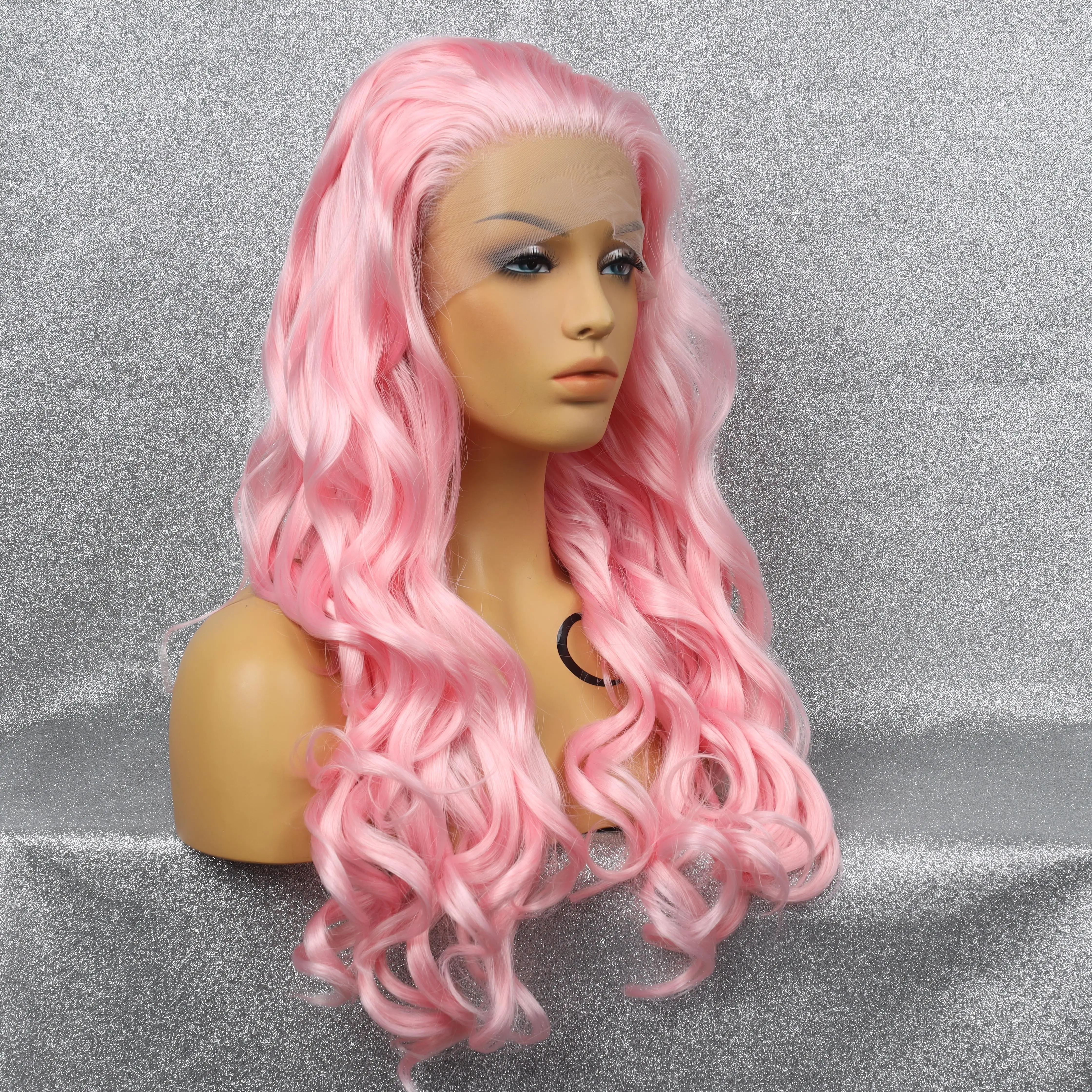 Pink Front Lace Synthetic Wave Long Wig Natural Hair Line Comfortable Soft Mesh Cap Breathable Heat Resistant Party Cosplay Wig