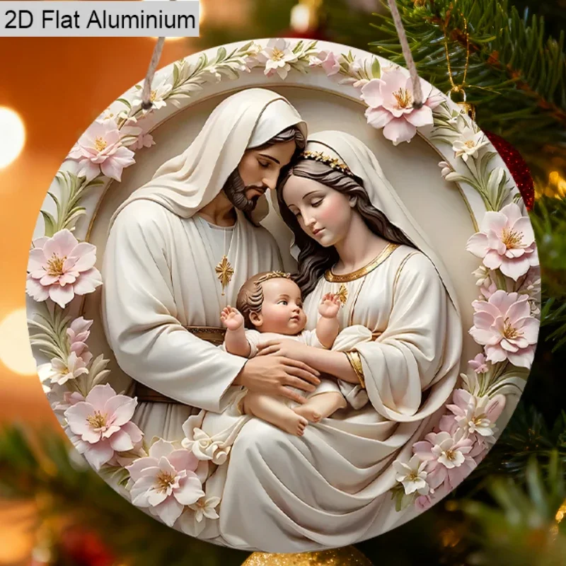 2D Flat, 1pc Round Aluminum Nativity Scene Sign, Christmas Hanging Pendant Sign, Farmhouse Xmas Home Decor, Wall Hanging Room