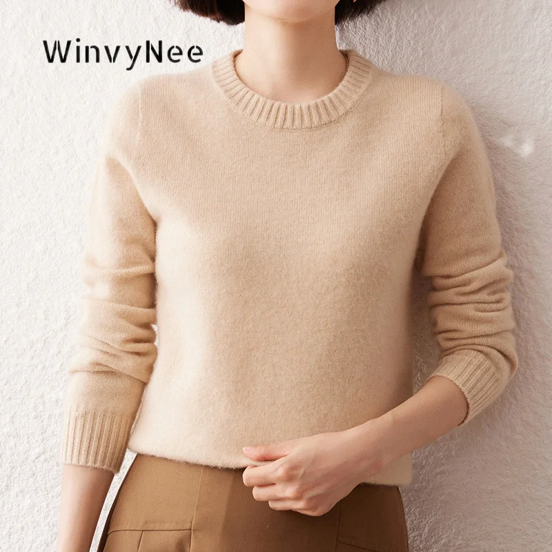 WinvyNee Women Knit Top Cashmere Crew Neck Sweater Silky Smooth Korean Lazy Soft Base Warm All Match Chic Outerwear Top A1044046