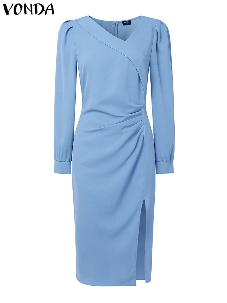 5XL Abiti da donna Manica lunga Lavoro Vestito estivo Elegante Autunno Robe Plus Size VONDA 2025 Casual Office Lady Split Abiti a pieghe