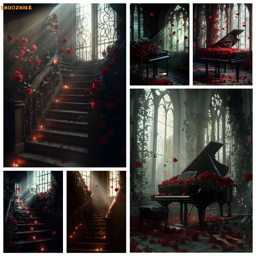 

Retro Red Flowers Backdrop Photography Ancient Castle Piano Sunlight Window Wedding Decoration Maternity Art Portrait Background