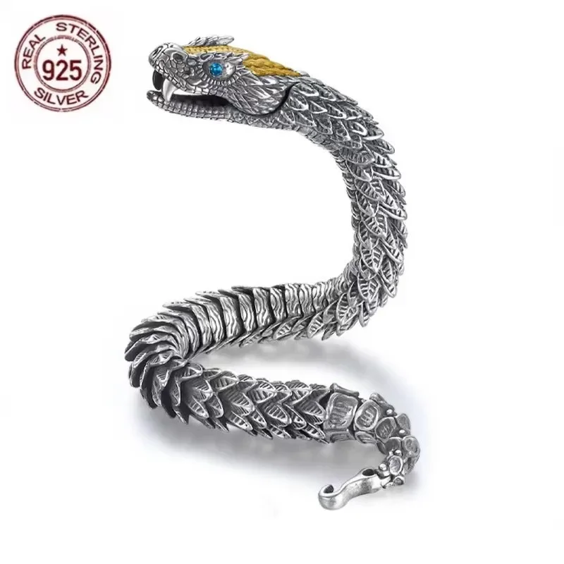 S925 Silver Viking Gothic Black Gun Dragon Men Bracelet Rock Style Golden Horn Men Party Jewelry Trend Bangle