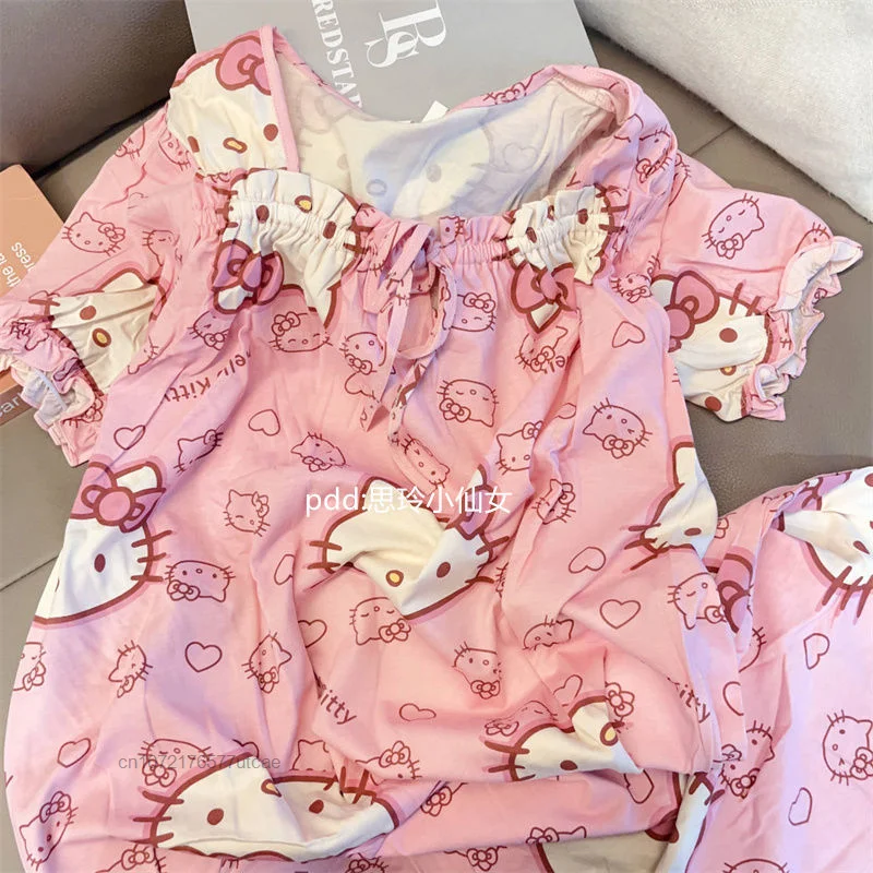 Hello Kitty Nightdress Women's Cute Cartoon Sanrio Nightwear Summer New Short Sleeved Medium Length Casual Loose Home Nightgowns