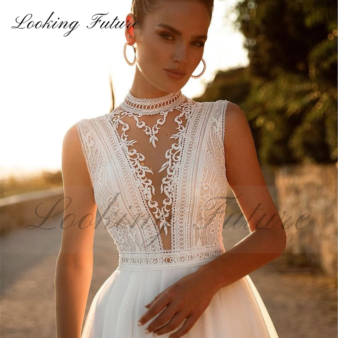 Boho Lace Embroidery  A Line Wedding Dress V Neck Sleeveless Floor Length Long Dress For Woman Button Backless Vestidos De Novia