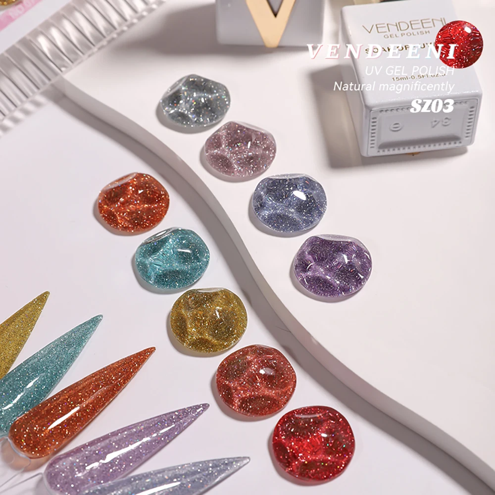 Vendeeni 9 Farben Transluzenter Diamant-Gel-Nagellack Glitzer UV LED Soak-Off Gel-Lack Flash Nail Art Gel-Lack 15ml – Detail 12