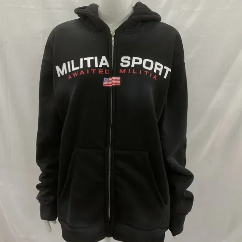 European American Flag Design Letter Printed Coat Top Autumn Winter Fashionable Street Loose Leisure Hoodie Men Women's Clothing