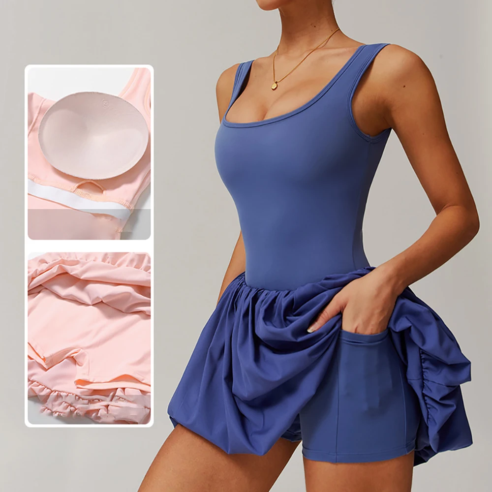 طقم ملابس رياضية لليوجا بدون أكمام وسحاب للسيدات، قطعة واحدة رياضية مع تنانير تنس قصيرة للياقة البدنية