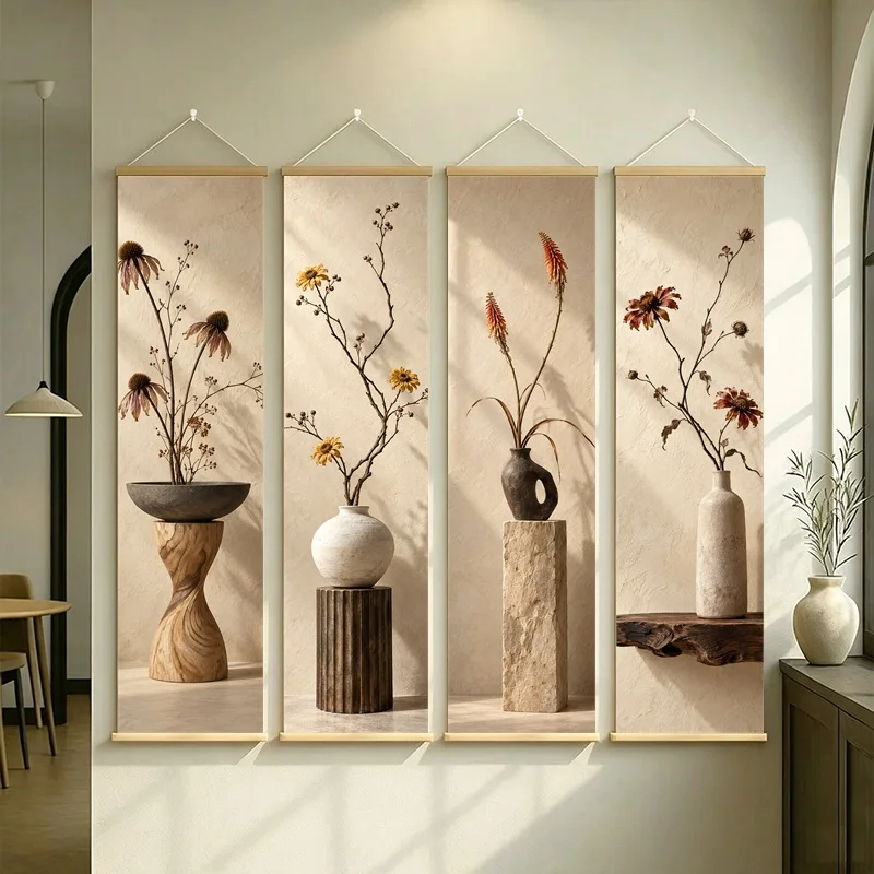 Wall Decor Yellow Feverfew and Torch Flower, Wabi-Sabi Silver Shimmer Canvas Hanging Scroll for Boutique Hotel Home Decor
