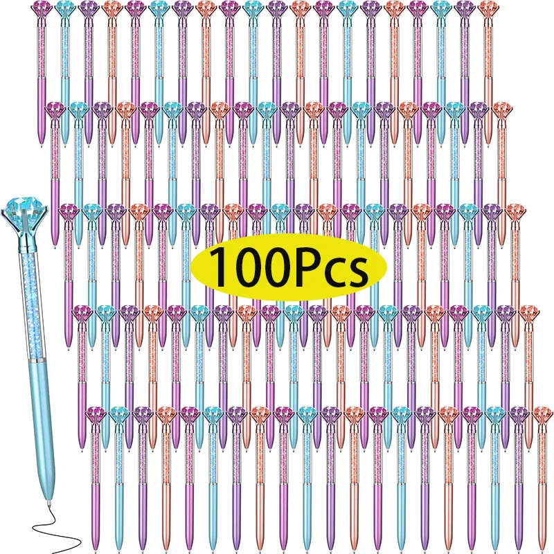 100Pcs Big Crystal Diamond Pens Metal Ballpoint Pen Office Supplies Gift Pens for Christmas Bridesmaid Wedding Birthday